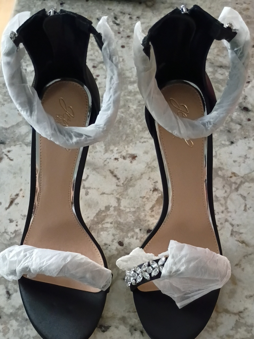 Jewel Badgley Mischka Black Crystal-Topped Ankle-Strap Heels